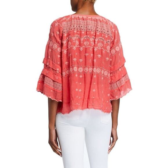 Johnny Was Tay Eylet Floral Embroidered Button Up Top Passionfruit Size Medium - Picture 4 of 8